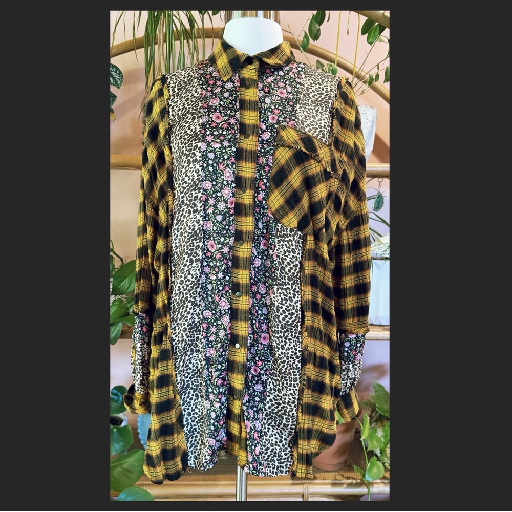 We The Free Yellow Black Plaid Shirt with Leopard and Floral Patch Mixed Media